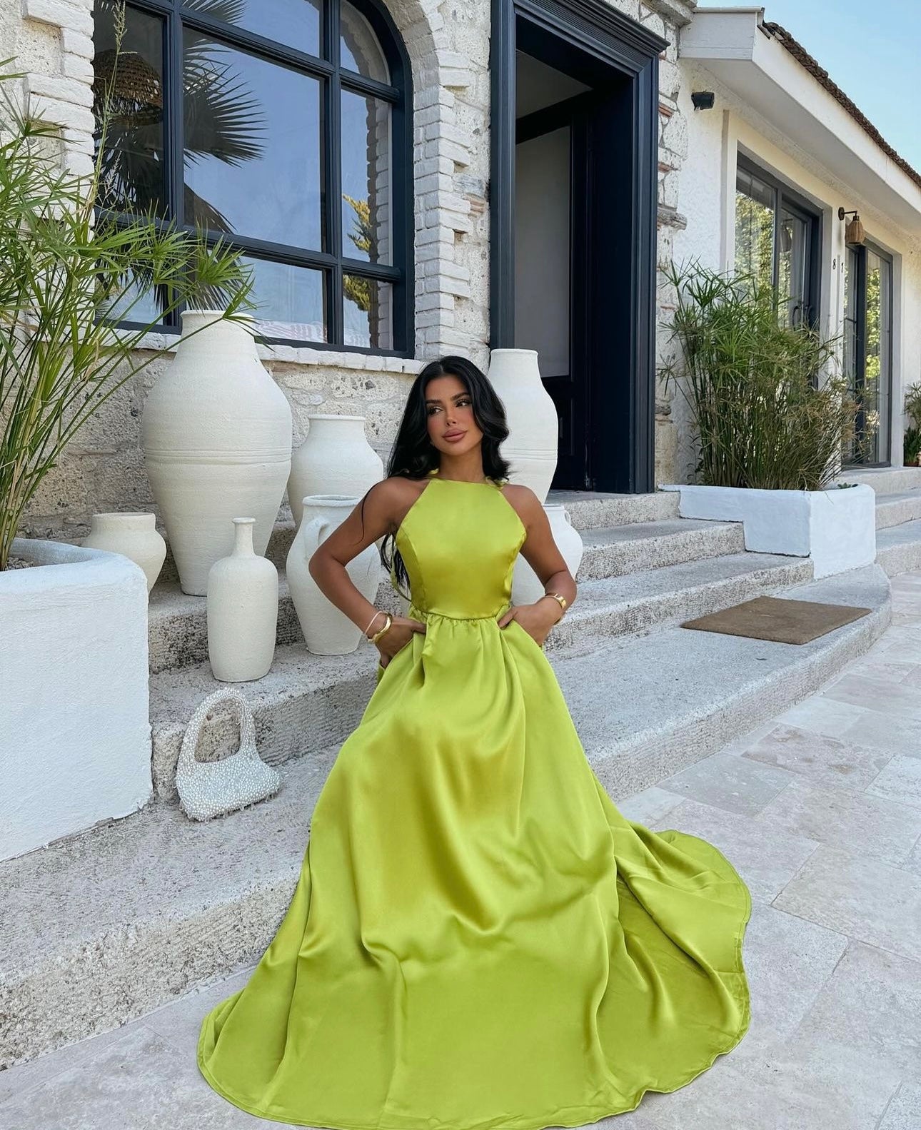 Elegant Lime Satin Evening Gown with Open Back