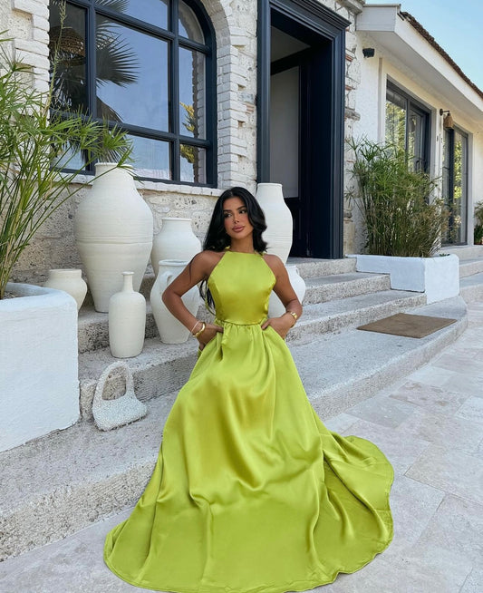 Elegant Lime Satin Evening Gown with Open Back